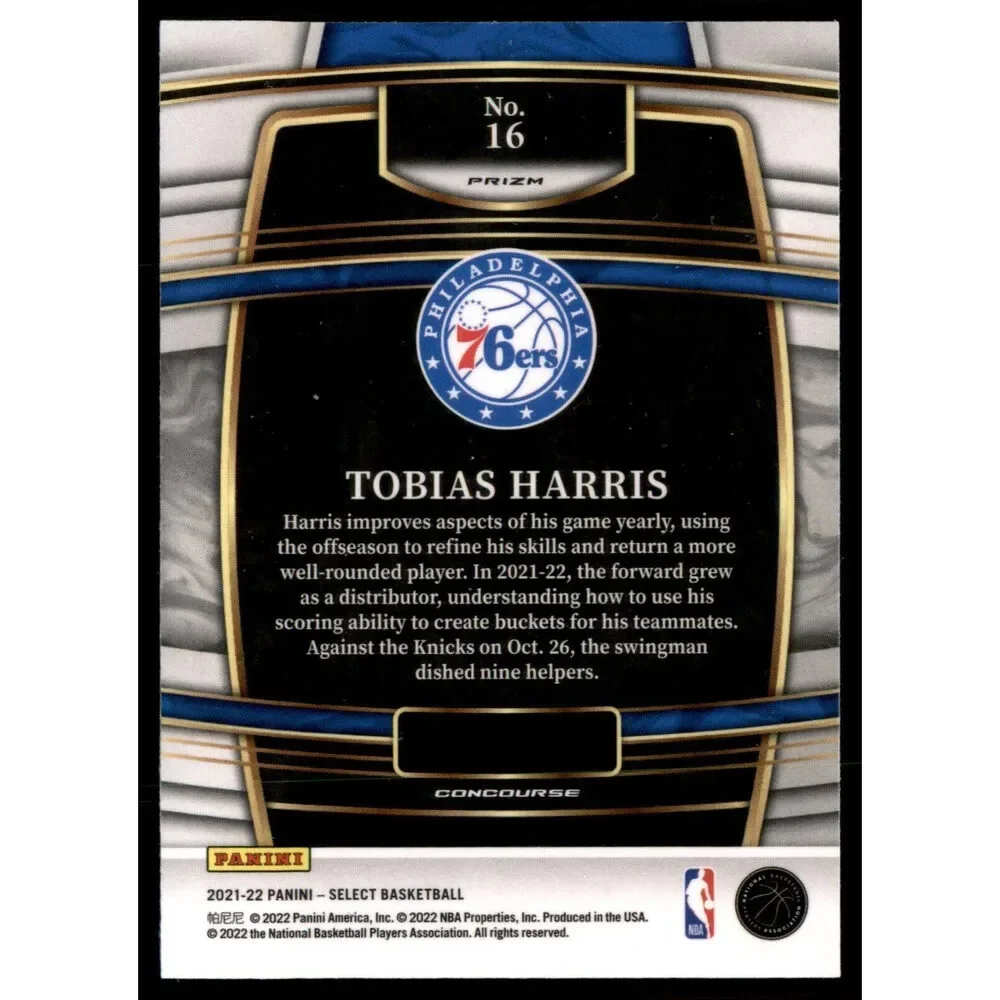 2021-22 Panini Select Tobias Harris Blue Prizm #16 Philadelphia 76ers